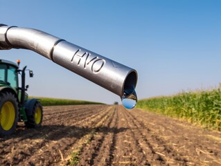 Close-up HVO nozzle with droplet, background of a tractor in a large agricultural field, sunny day, high detail realism