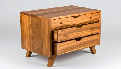 Three-drawer wooden chest of drawers with mid-century legs.