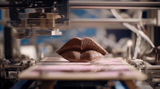 Medium shot focusing on a 3D chocolate keepsake emerging from a printer detailed lips sculpted by kiss cam pressure mapping with workshop tools and blurred surroundings.