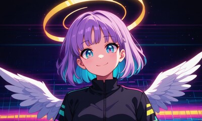 Futuristic Anime Angel with Radiant Halo and Wings in Neon Cyberpunk World &mdash; Ethereal Purple-Haired Character in Surreal Digital Fantasy Art for Sci-Fi and Celestial Themes