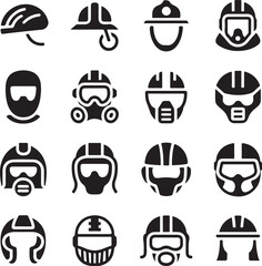 Grid of black silhouette icons of various protective helmets and masks on white background safety