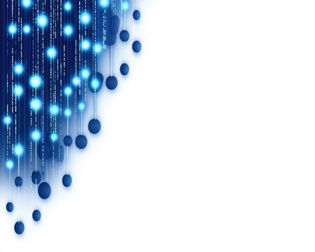 A vibrant digital artwork features a blue gradient background on the left with luminous glowing spheres and flowing lines, creating an abstract, modern design.