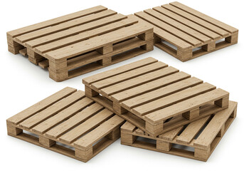 A group of five wooden pallets stacked and arranged on a white surface in a studio setting