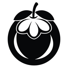 Stylized Black Mangosteen Fruit Graphic with Stem and Sepals Isolated Illustration