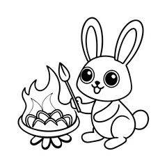 black outline printable bunny roasting marshmallow