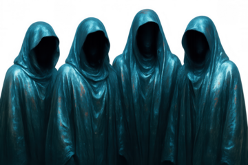 Hooded silhouettes looming against translucent backdrop, concealing identities with shadowy mystique and dramatic anonymity