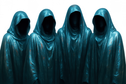 Hooded silhouettes looming against translucent backdrop, concealing identities with shadowy mystique and dramatic anonymity