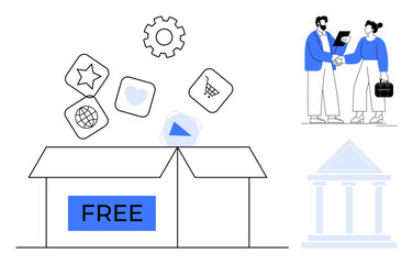 A box labeled Free releases digital apps and icons. Nearby, professionals shake hands with a laptop and a briefcase. In the corner, an institution silhouette. Ideal for collaboration, business
