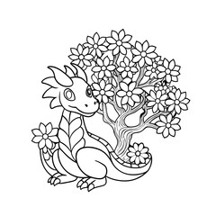 black outline printable dragon sitting under tree