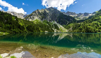 Fototapeta premium Serene mountain lake nestled amidst lush greenery.