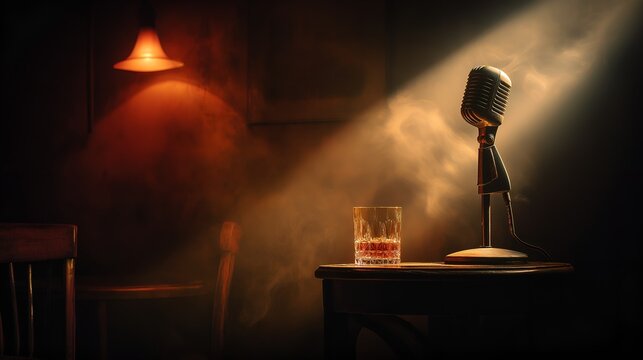 A vintage microphone and a glass of whiskey sit on a wooden table under a dramatic spotlight in a smoky room. This atmospheric image is perfect for podcast covers, event posters for comedy shows 