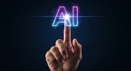 Fototapeta premium Human finger touching glowing ai text with futuristic digital light effects