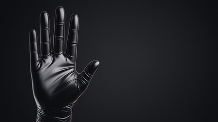 Black glove hand raised on dark background.