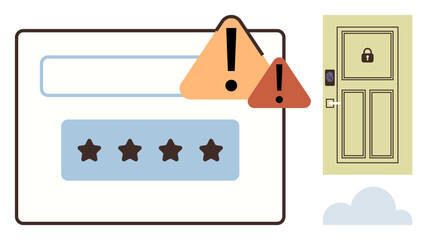 Login password input field with error alerts, secured door with lock, cloud symbolizing digital data security. Ideal for login issues, data protection, online access, password safety, error
