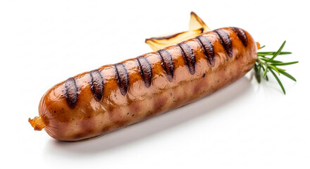 Close-up shot of a grilled sausage with grill marks, rosemary, and potato wedges.