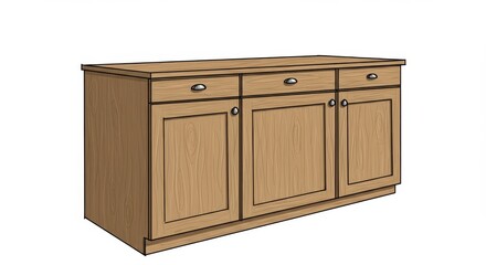 Wooden Cabinet with Three Doors and Drawers - A light oak wood cabinet with three doors and three drawers. Perfect for storage