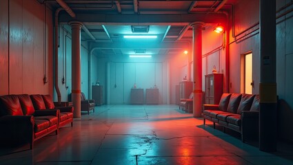 Neon-lit hallway with red and blue lighting.