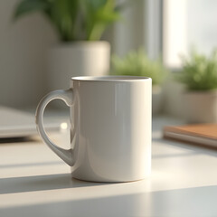 AI-Generated Coffee Mug Mockup on Clean Desk with Plant, Workspace Vibe, and Realistic Ceramic Gloss.