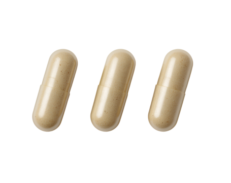  3 small beige multivitamin capsules closed on a Transparent background PNG
