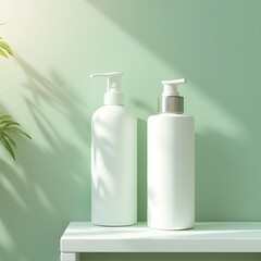 AI-Generated mockup of a cosmetic bottle with a pump dispenser, placed on a bathroom shelf, evoking a spa-like atmosphere with white and green tones.