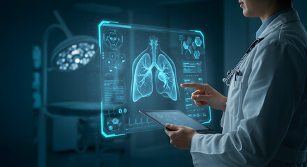 Medical professional analyzing digital lung scan with holographic interface in modern clinical environment