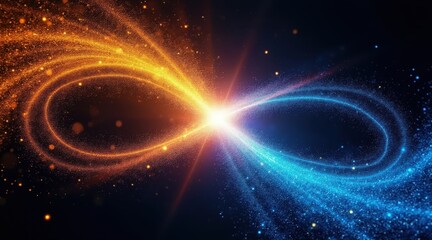 Cosmic infinity symbol exploding with orange and blue energy