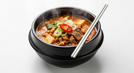 Close-up shot of a steaming bowl of Korean stew with tofu, meat, and vegetables.