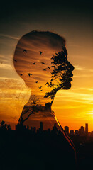 Artistic double exposure of female profile with flock of birds, tree branches, and golden sunset