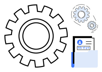Large gear linked with smaller gears and a document folder displaying a user profile and data chart. Ideal for concepts of automation, operations, management, organization, technology, data
