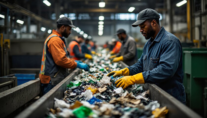 Black men and Caucasian men working on recycling conveyor belt sorting plastic waste in industrial facility, wearing protective gloves and uniforms, focused on environmental processing tasks