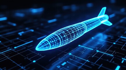Futuristic digital missile blueprint in blue neon light