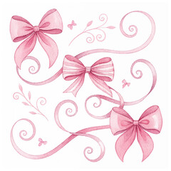 Watercolor illustration of pastel pink Ribbons and Bows with curls. Drawing for Baby shower greeting cards or wedding invitations. Art for gift decorations or nursery designs.