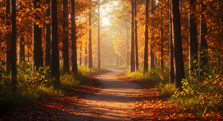 Fototapeta premium Autumn Forest Path with Sun Rays