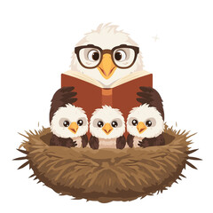 Fototapeta premium Cute Cartoon Eagle Reading to Baby Eaglets in Nest Parenting Education PNG
