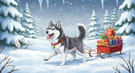 Husky Pulling a Sleigh Full of Gifts in a Snowy Forest Scene