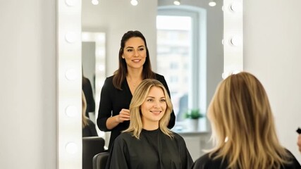 Smiling Hair Stylist Consulting Client in a Modern Beauty Salon with Illuminated Mirror