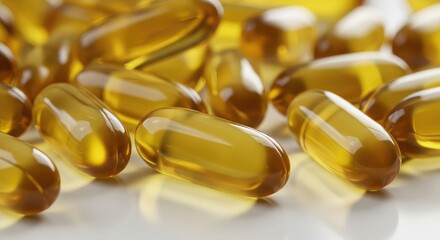 Shiny transparent omega-3 capsules glistening with golden light, representing health and wellness supplements for a vibrant lifestyle