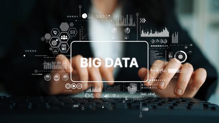 Professional Hands Typing on Keyboard with Big Data Graphics and Digital Analytics Overlay in Business Environment. Asymptotic smart data analytic.