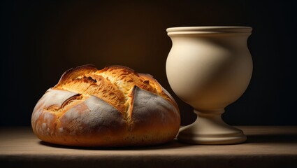 Rustic Loaf of Bread and Ceramic Chalice Still Life