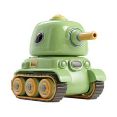 Cute green toy tank with yellow cannon and wheels, designed with glossy finish and child friendly style, perfect for playful and imaginative war game concepts