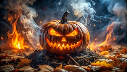 A scary carved pumpkin glowing with fire and smoke on halloween night