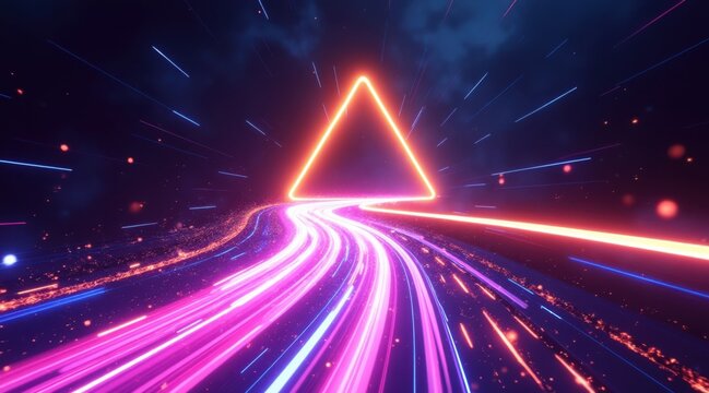 Neon triangle portal on a futuristic light trail highway