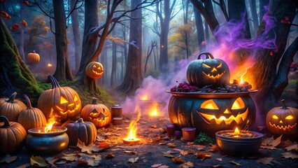 Enchanted forest halloween scene with glowing pumpkins and purple mist