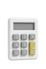 A white calculator with gray and light yellow keys.