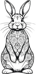A perfectly symmetrical, full-body rabbit coloring page illustration, drawn with clean, consistent black ink lines in minimalist style. The rabbit is sitting upright with its ears up 3