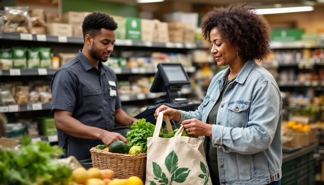 Black woman middle aged shopping for fresh vegetables at grocery store checkout counter while young Black man cashier scanning produce and placing items in reusable bag