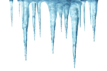 Blue hanging icicles frame border isolated on white background as transparent PNG. GENERATIVE AI