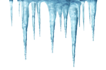 Blue hanging icicles frame border isolated on white background as transparent PNG. GENERATIVE AI