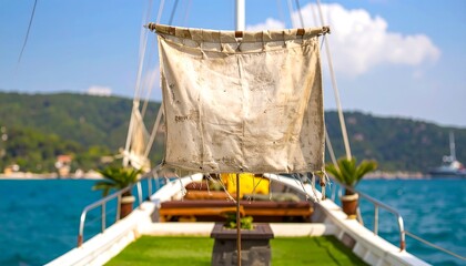 Worn, blank flag hanging from a boat's mast.