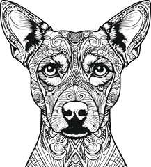 A perfectly symmetrical, front-facing dog face coloring page illustration, drawn with clean, consistent black ink lines in minimalist style 1